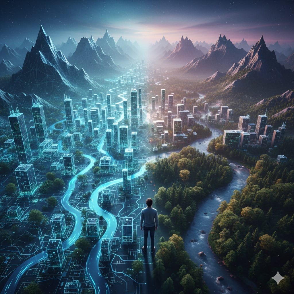 A vast digital map slowly morphing into a real landscape