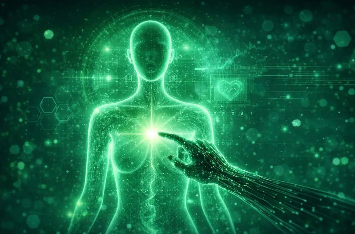 Futuristische grüne Illustration einer KI-gestützten Gesundheitsanalyse, die zeigt, wie künstliche Intelligenz Gesundheitsdaten sichtbar macht, aber keine Verantwortung für Gesundheit übernehmen kann.