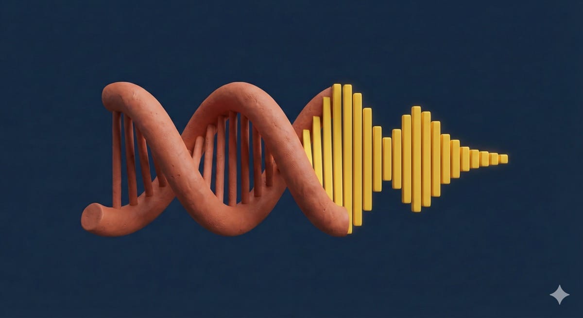 Abstrakte 3D-Darstellung einer DNA-Helix, die in digitale Audio-Wellenformen übergeht, in den Farben Terracotta und Senfgelb.