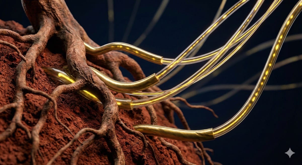 Abstrakte Darstellung von Wurzeln, die mit leuchtenden Glasfaserkabeln verschmelzen.