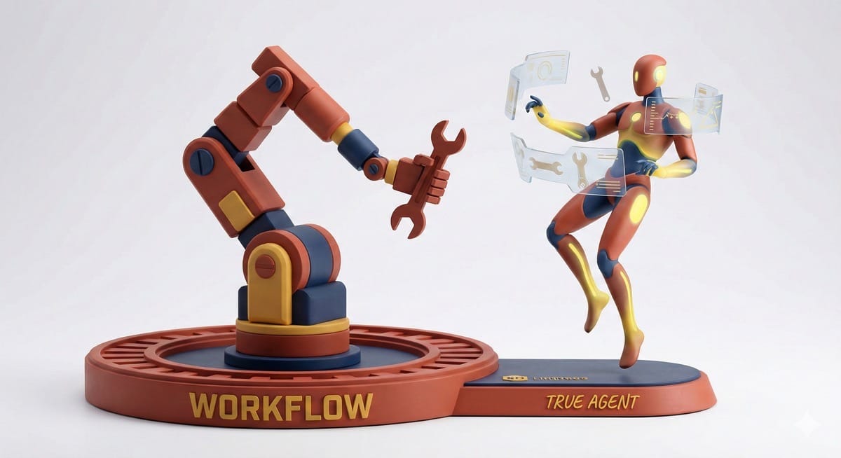 ine 3D-Darstellung, die einen starren Roboterarm (Workflow) einem fluiden, autonomen Androiden (True Agent) gegenüberstellt, gehalten in Terrakotta, Senfgelb und Dunkelblau.