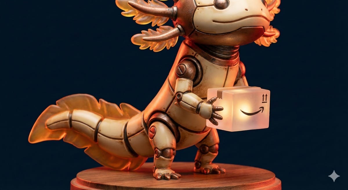 Eine 3D-Figur eines mechanischen Axolotl-Hybriden, der ein leuchtendes Paket hält.