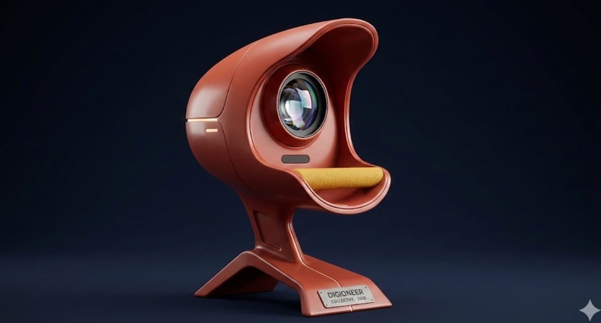 Eine stilisierte 3D-Figur eines futuristischen Vogel-Futterautomaten in Terracotta und Senfgelb mit integrierter Kamera.