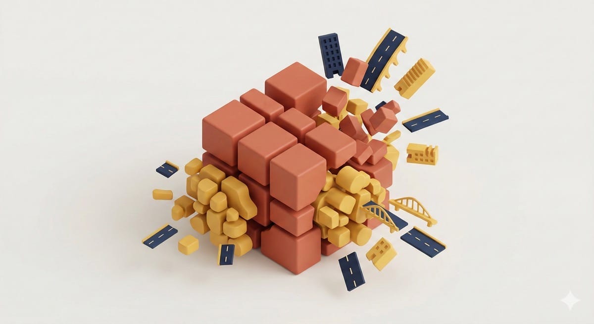 Abstrakte 3D-Grafik zur Verteilung von Stadtfläche zwischen Mensch und Maschine.