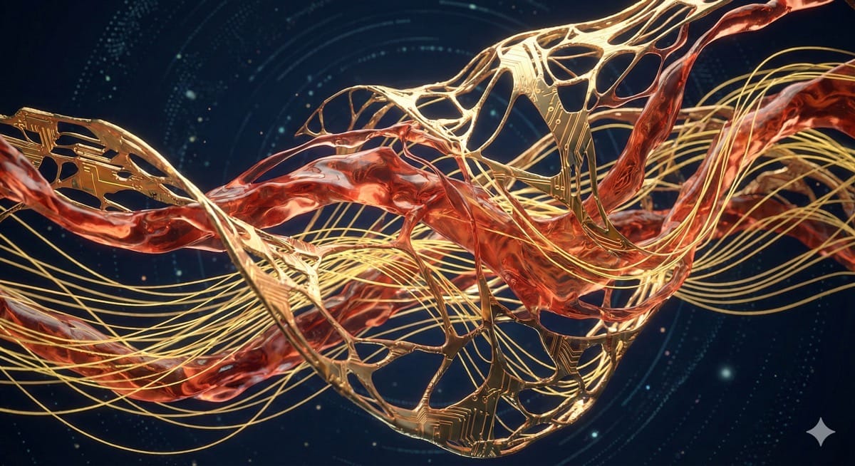 Abstraktes Geflecht aus biologischen Nervenbahnen und goldenen Schaltkreisen.