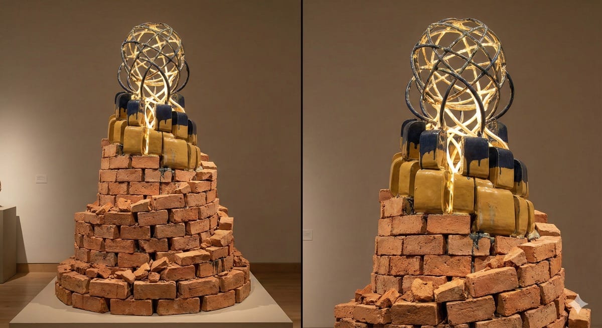 Abstrakte Keramik-Skulptur des Turmbaus zu Babel, der sich in ein leuchtendes Netzwerk transformiert.