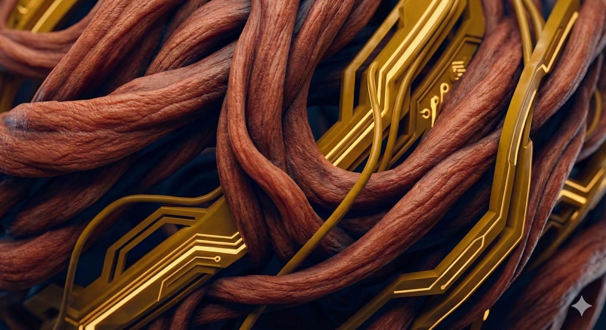 Abstrakte Darstellung von organischen Fasern, die sich mit digitalen Datensträngen zu einem komplexen System verweben.