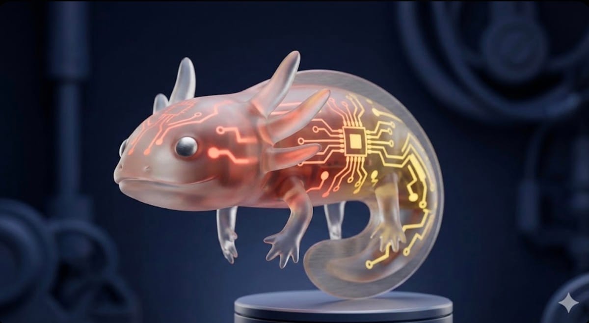 Eine stilisierte 3D-Figur eines Axolotls, dessen Inneres wie eine leuchtende Quanten-KI strukturiert ist.