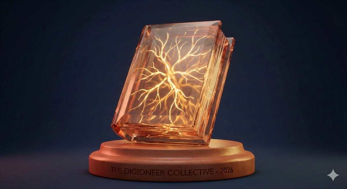 ine 3D-Figur eines leuchtenden, kristallinen Gesetzbuches, das von neuronalen KI-Netzwerken durchzogen wird.