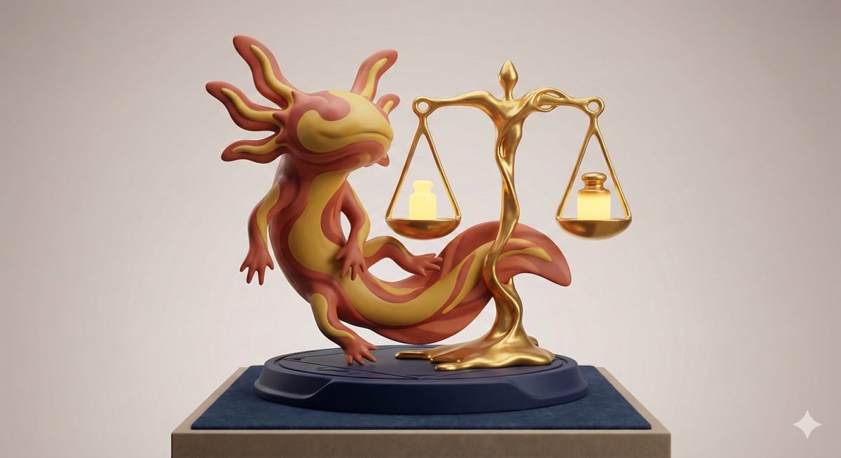 Eine abstrakte Skulptur, die biologische Regeneration und juristische Waagschalen in den Farben Terracotta und Senfgelb verbindet.