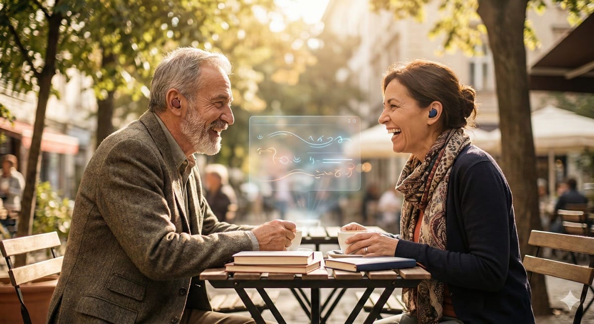 Zwei Menschen im Gespräch mit sichtbarer technologischer Brücke durch KI-Earbuds.