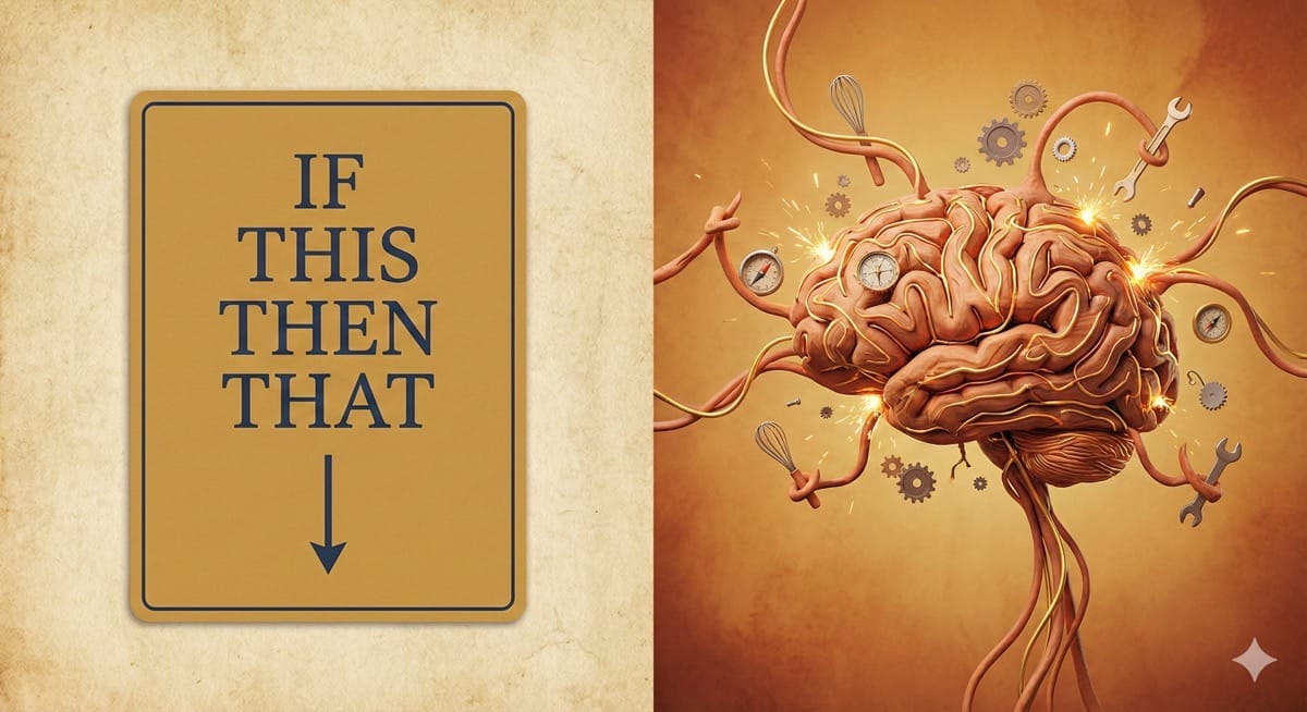 Abstrakte Darstellung: Links eine starre Wenn-Dann-Anleitungskarte, rechts ein komplexes, improvisierendes Gehirn aus Drähten und Werkzeugen.