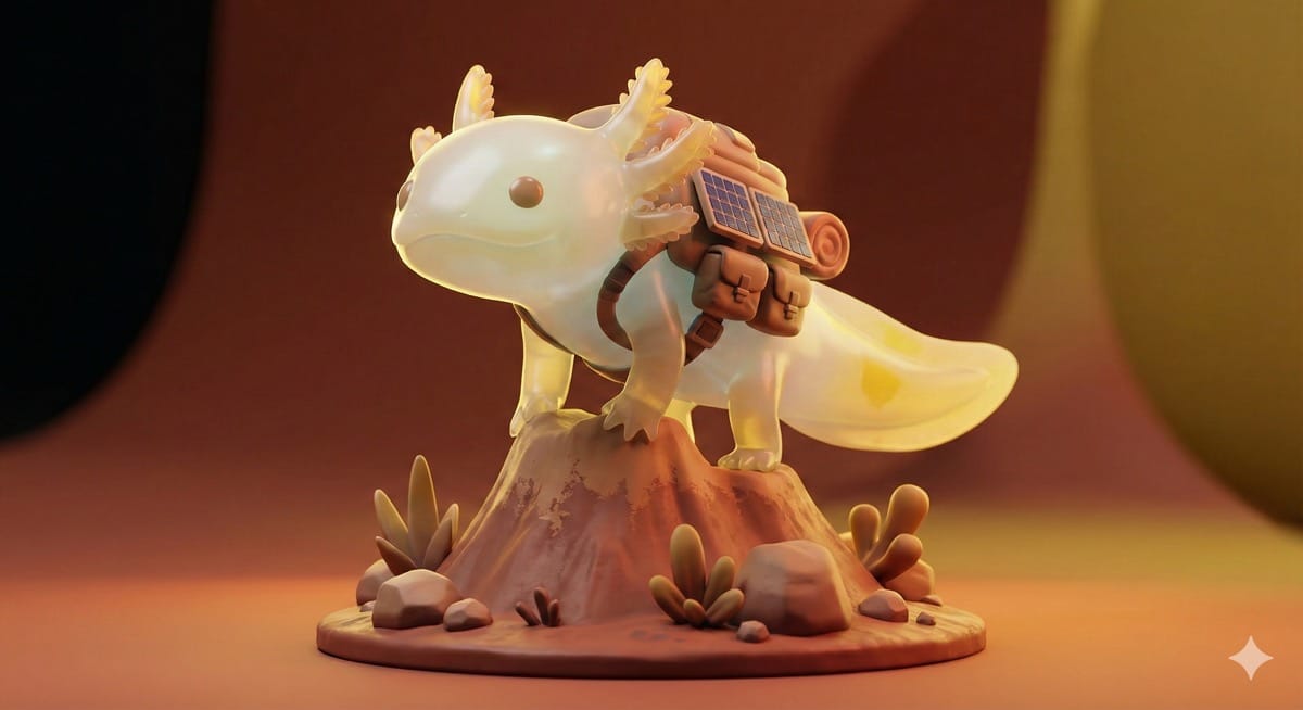 3D-Figur eines futuristischen Axolotls mit Rucksack auf einem terracotta-farbenen Berg.
