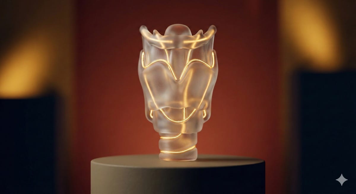 ine stilisierte 3D-Figur eines menschlichen Kehlkopfs aus Glas und Gold auf einem Podest, Farben in Terracotta und Senfgelb.