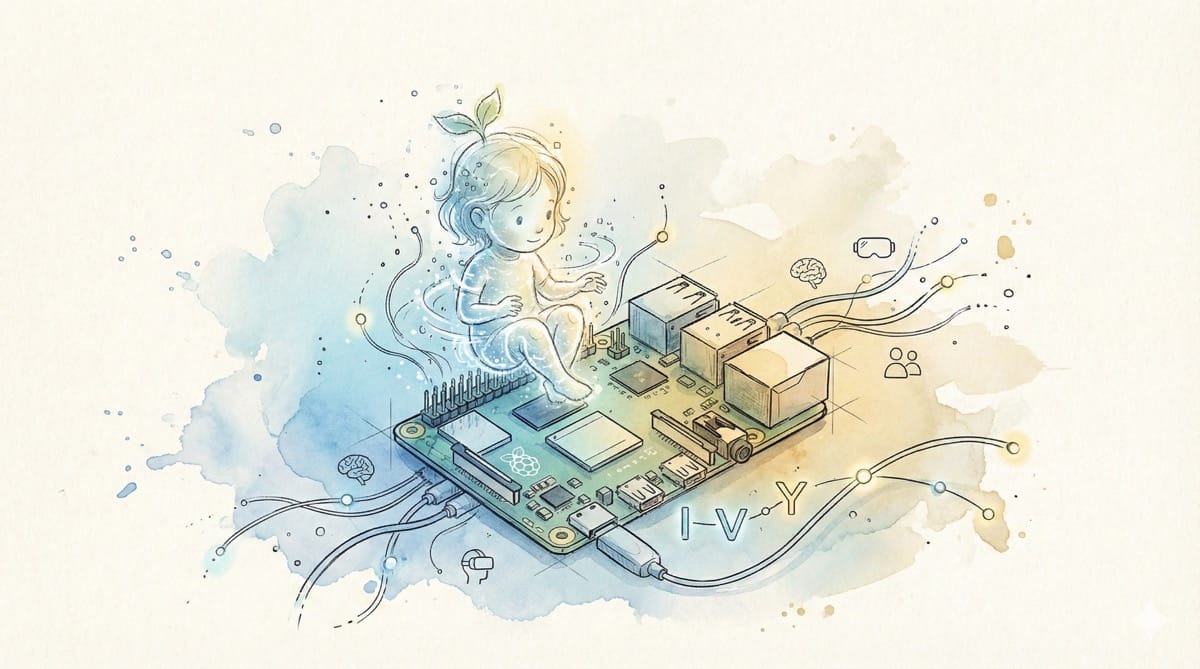 Eine minimalistische Aquarell- und Tusche-Illustration im Querformat auf strukturiertem, cremefarbenem Papier. Im Zentrum steht ein skizzenhaft angedeuteter Raspberry Pi 5, aus dessen Mitte eine filigrane Efeuranke emporwächst.
