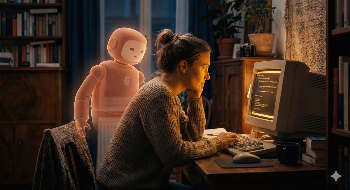 Eine Frau sitzt nachts vor einem leuchtenden Terminal-Fenster, ein schemenhafter KI-Assistent steht daneben.