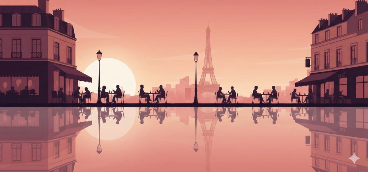 Eine weite, atmosphärische Szene in Paris im Flat-Vector-Stil. Dunkle Silhouetten von Menschen sitzen an kleinen Tischen vor Cafés, im Hintergrund ragt der Eiffelturm