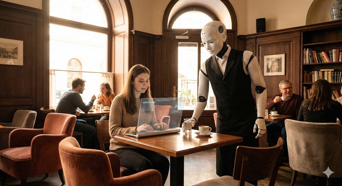 Mensch und humanoider Roboter interagieren friedlich in einem modernen Wiener Kaffeehaus im Jahr 2027.