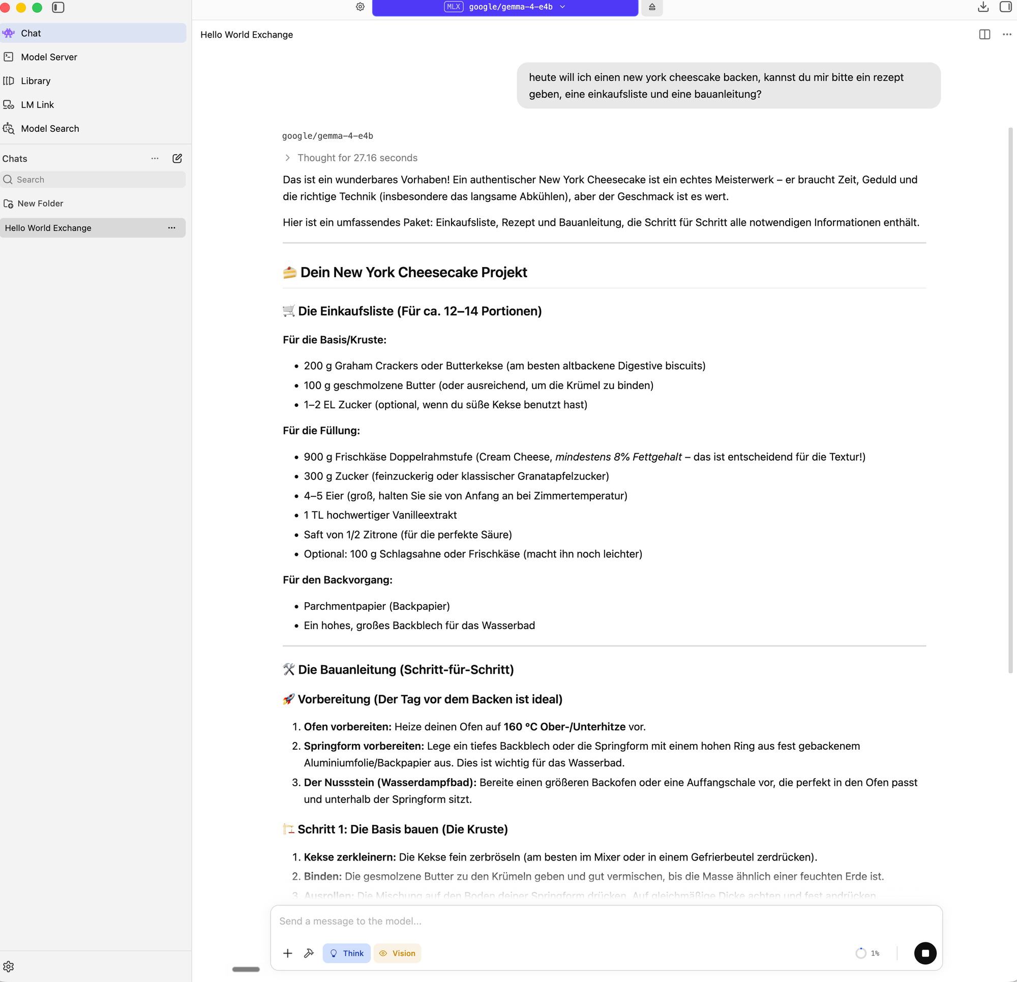 Chatfenster von LM Studio mit der Frage nach einem New York Cheesecake und der deutschen Antwort von google/gemma-4-e4b mit Einkaufsliste und Anleitung
