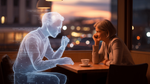 Eine Frau sitzt in einem stimmungsvoll beleuchteten Café gegenüber einer holografischen Erscheinung in menschlicher Gestalt.