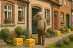 Eine Reihenhaussiedlung, in der vor jeder Haustür ein Paket von DHL steht. In der Mitte der Szene steht ein älterer Herr vor seiner offenen Haustüre, jedoch ohne Paket.