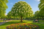 Ein Kastanienbaum steht in voller Blüte