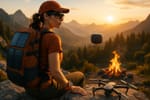 Eine abenteuerlustige Wanderin steht auf einem Felsvorsprung, trägt einen robusten Rucksack mit integrierter Solarpanele, ein leuchtend‑oranges, smartes GPS‑Armband am Handgelenk.