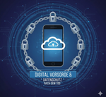 Digitaler Nachlass Konzept: Smartphone und Cloud-Symbole umgeben von Schlosssymbolen, symbolisiert digitale Vorsorge und Datenschutz nach dem Tod