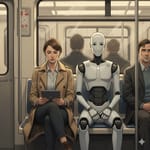 Ein Roboter sitzt in der U-Bahn und keinen kümmert es.