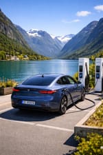 Das e-Auto wird aufgeladen vor einem Fjord in Norwegen...