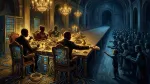 Lange Festtafel: wenige Figuren speisen im goldenen Licht an servergesäumten Plätzen, während eine Menschenmenge im blauen Schatten auf ein Stück Brot wartet.