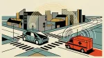 Ein türkisfarbenes Robotaxi blockiert eine Kreuzung, dahinter ein zinnoberroter Rettungswagen mit geometrischen Sirenenwellen.