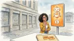 ein orange leuchtendes KI-Hinweisschild steht vor geschlossenen Behördenschaltern, daneben ein Aktenordner mit zwei Vertagungs-Klebezetteln.