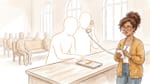 Aquarell: Zwei weiße Silhouetten am Bankschalter — eine tippt ein orange markiertes Feld am Smartphone an, die andere hält einen Telefonhörer ans Ohr. Rechts notiert eine Frau.