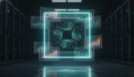 Ein leuchtender KI-Chip schwebt in einem dunklen Rechenzentrum, umgeben von Hologramm-Diagrammen