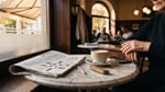 Marmortisch im Kaffeehaus mit halb gelöstem Kreuzworträtsel, Bleistift, Taschenmesser, Café Olé und Smartphone, daneben die Hände einer älteren Dame.