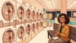 Aquarell: Jamie sitzt abends in einem Waschsalon vor einer Reihe Waschmaschinen, deren Trommeln voller Karteikarten stecken. Fast alle Türen sind versiegelt, nur wenige offen.