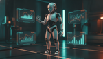Ein kleiner weißer Menschenroboter mit beweglichen Händen in einem dunklen Robotiklabor