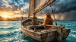 Ein braunes Huhn mit runder Lesebrille steht am Ruder eines alten Segelboots auf bewegter See, links geht die Sonne auf, rechts zieht ein Sturm auf.