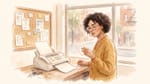 Aquarell: Eine Frau mit Locken, runder Brille und gelber Strickjacke liest in einem Brooklyner Copyshop einen Zettel, neben ihr druckt ein altes Faxgerät ein Blatt aus.