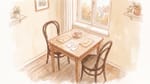 Aquarell: ein kleiner Wiener Küchentisch mit zwei Thonet-Sesseln, darauf zwei getrennte Briefkuverts, zwei Wartenummern und eine Teetasse im Morgenlicht.