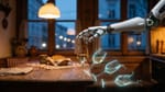 Eine Roboterhand schwebt über einem Glas Weißwein an der Tischkante einer Wiener Küche, daneben leuchtende Projektionen des fallenden und zerbrechenden Glases.