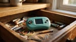 Altes, zerkratztes türkises Handheld-Spielgerät in einer offenen Holzlade, umgeben von Gummiringen, Batterien, Büroklammern, einem Bleistiftstummel und einem Schlüssel.