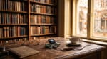 Ein kleiner Einplatinencomputer mit Lüfter auf einem alten Holzschreibtisch, daneben Lesebrille, Buch und eine Tasse Tee, im Hintergrund Bücherregal und Herbstlicht.