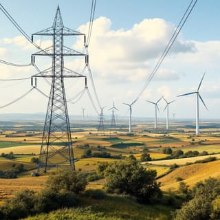 Eine majestätische Hochspannungsleitung mit einem massiven Gittermast aus Stahl im Vordergrund. 