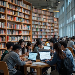 Junge Menschen haben Bücher im Rücken aber vor sich die digitale Welt