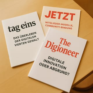 Sie werden nicht ausgedruckt. Aber hier liegen, JETZT, tag eins und The Digioneer am Tisch