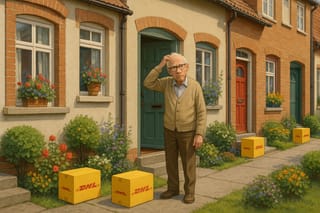 Eine Reihenhaussiedlung, in der vor jeder Haustür ein Paket von DHL steht. In der Mitte der Szene steht ein älterer Herr vor seiner offenen Haustüre, jedoch ohne Paket.