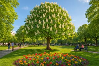 Ein Kastanienbaum steht in voller Blüte