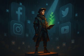 Eine selbstbewusste Person steht auf einer hell erleuchteten Insel inmitten einer dystopischen Social-Media-Landschaft. 